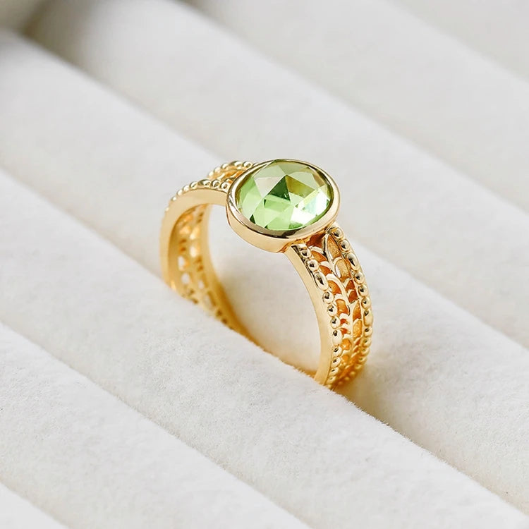 Emotional Factory 925 Sterling Silver 14K Gold Plated Gemstone Retro Hollow Olive Emerald Ring