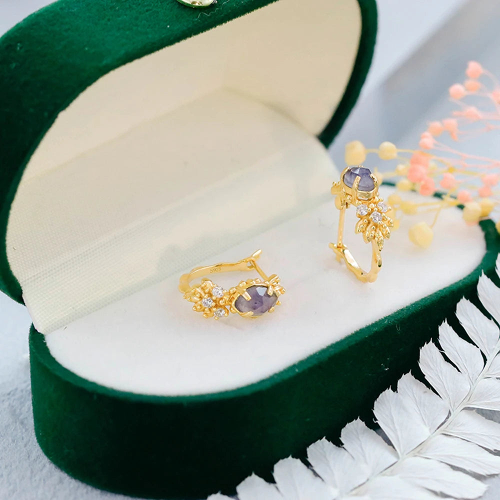 Emotional Factory 925 Sterling Silver 14K Gold Plated Gemstones Natural Cordierite Zircon Labradorite Stud Earrings for Women