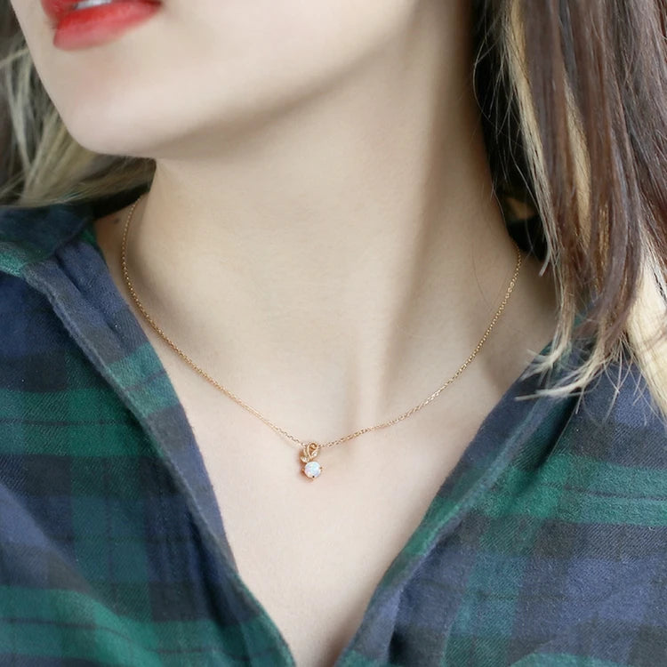 925 Sterling Silver 14K Gold Plated Gemstone Round Gem Stone Leaves Synthetic Opal Necklace