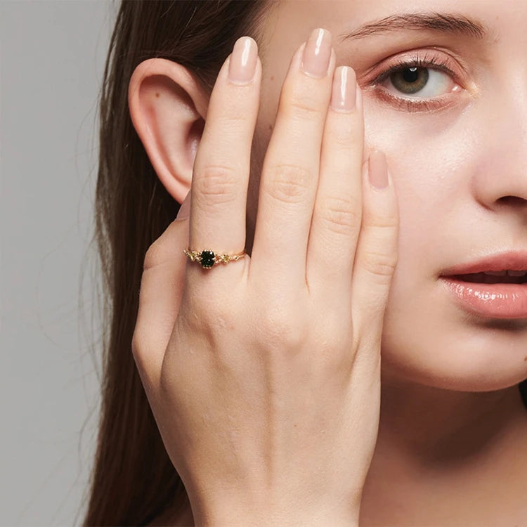 Emotional Factory 925 Sterling Silver 14K Gold Plated Gemstones Vintage Floral Pattern Green Aventurine Peridot Ring