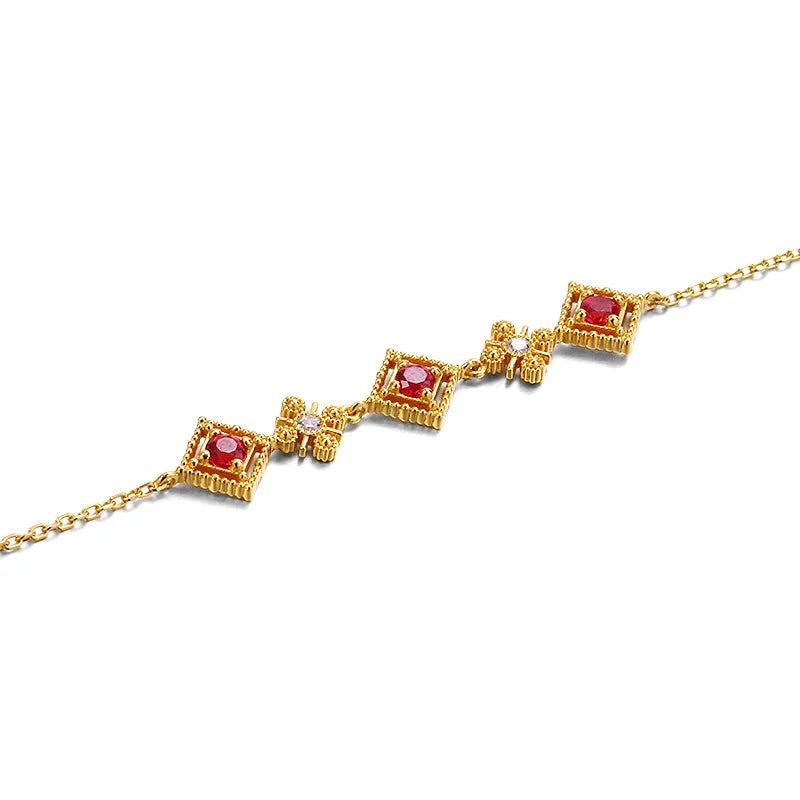 Pulseras De Oro De 14k Direct Sales Court Style 925 Sterling Silver All-matching Graceful Red Corundum Bracelet Female Rhombus