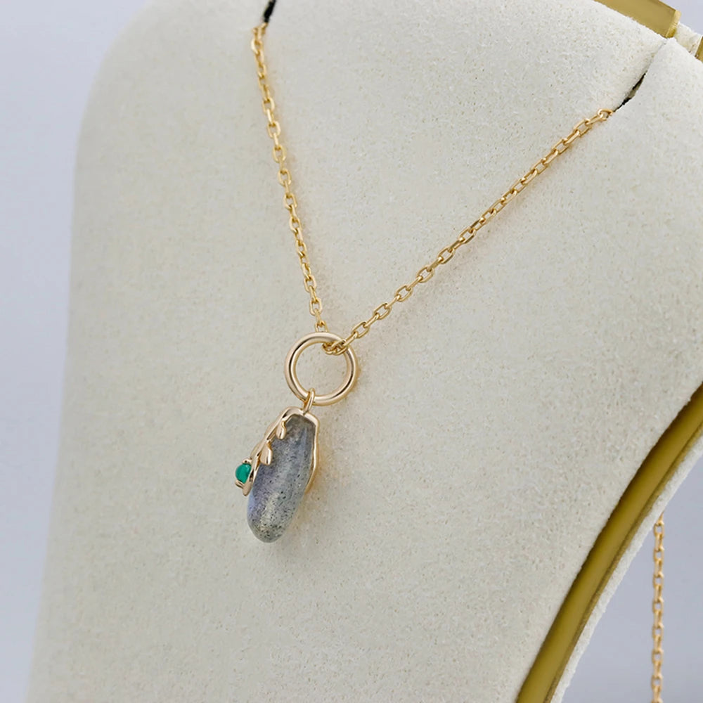 925 Sterling Silver 14K Gold Plated Gemstone Grape Type Leaf Labradorite Necklace