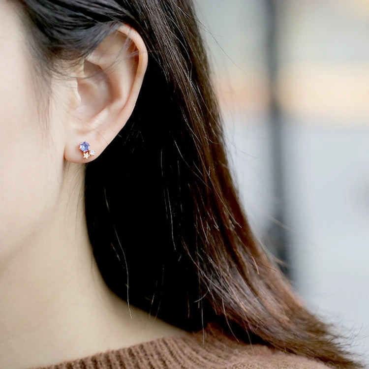 925 Sterling Silver 14K Gold Plated Gemstone Raw Hand Set Blue Topaz Natural Moonstone Tanzanite Zircon Star Stud Earrings