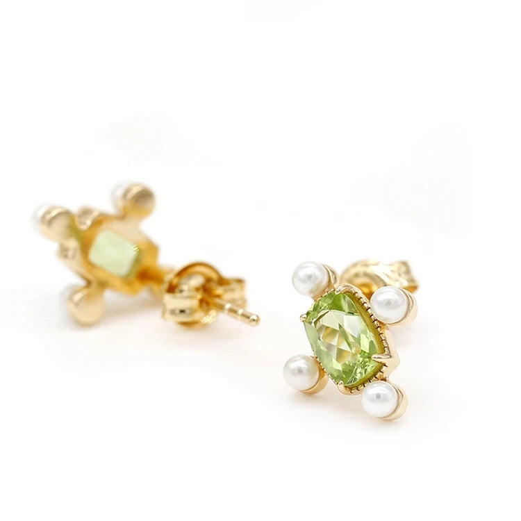 925 Sterling Silver 14K Gold Plated Gemstone Square Green Ring Pearl Natural Peridot Stud Earrings