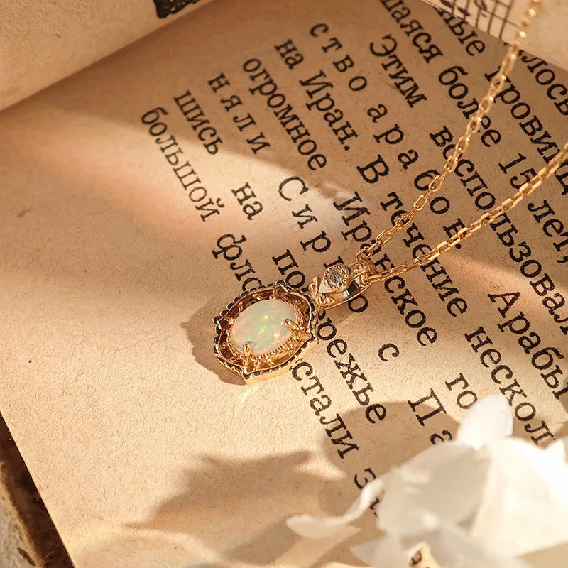 Emotional Factory 925 Sterling Silver 14K Gold Plated Gemstone Retro Hollow Opal Necklace for Women