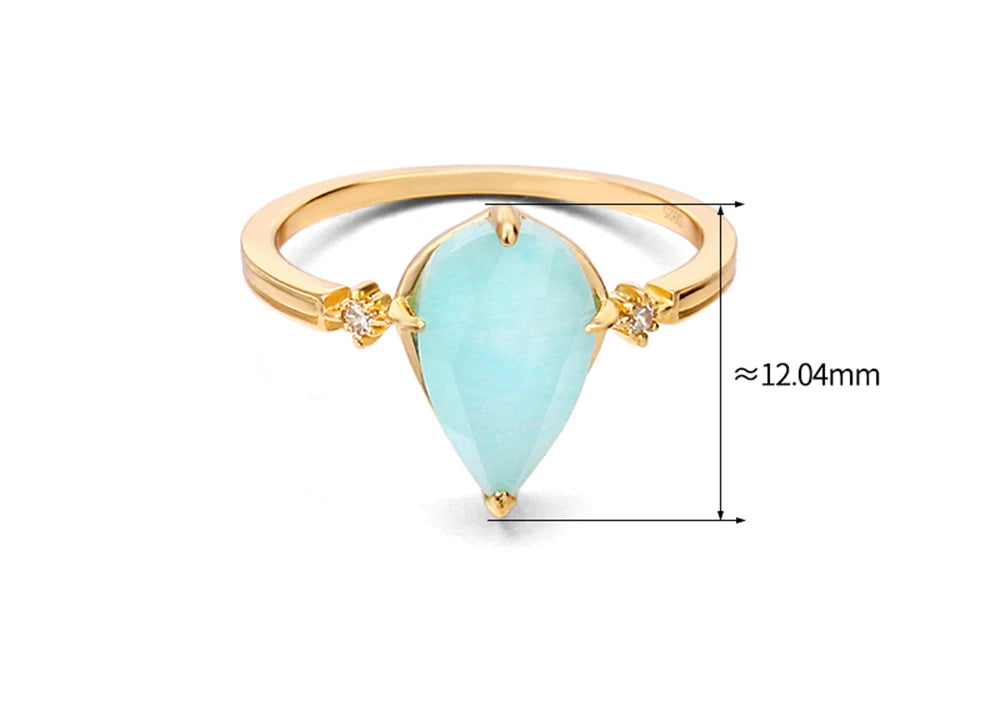 925 Sterling Silver Gold Plated Drop Shaped Double Layers Gemstone Rock Crystal Amazonite Clear Quartz Ring