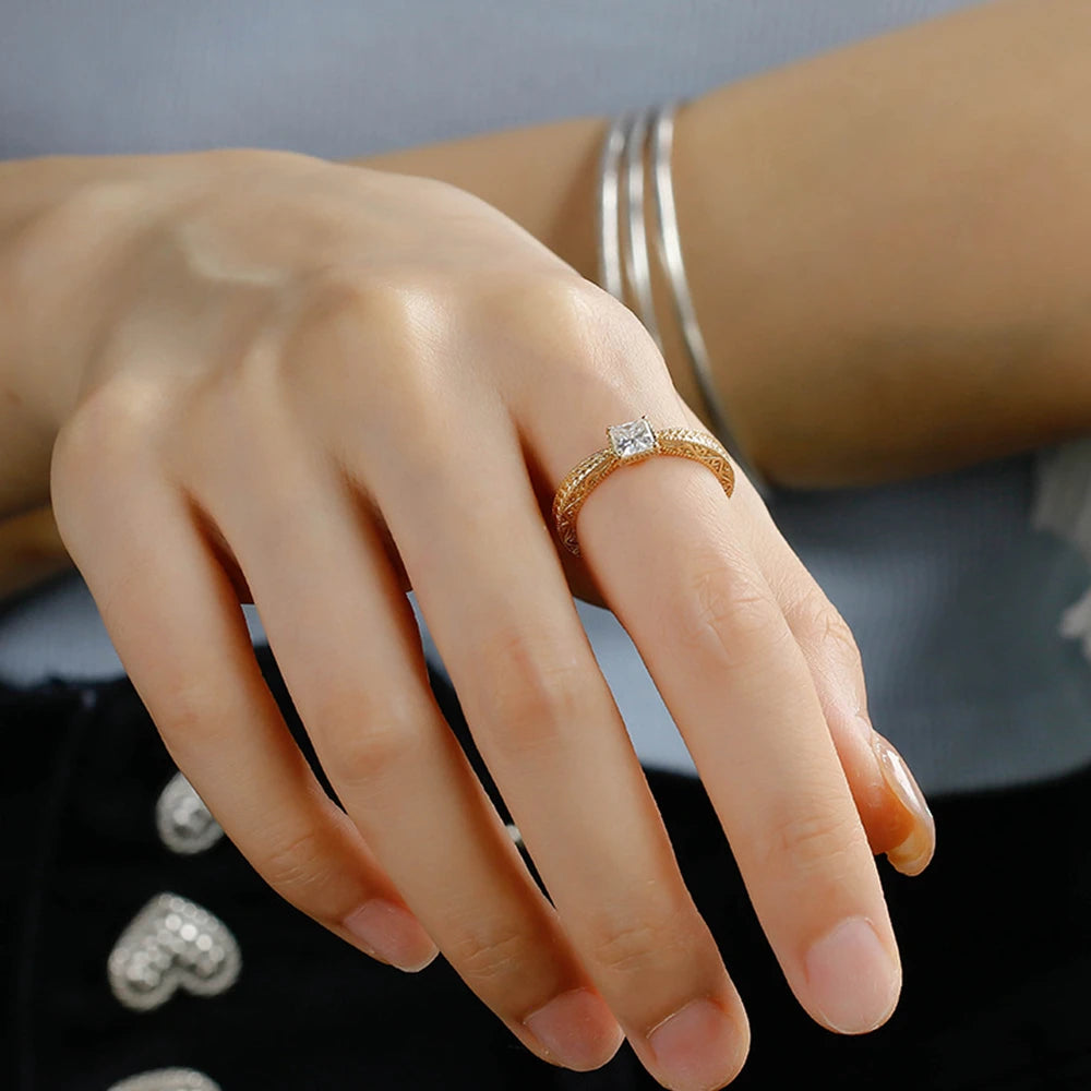 Emotional Factory 925 Sterling Silver 14K Gold Plated Gem Stone Gemstone Retro Style Geometric Square Moissanite Zircon Ring