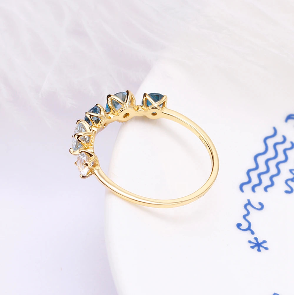 925 Sterling Silver 14K Gold Plated Gemstone Geometric Square Colourful Blue White Gradient Topaz Ring With Natural Stone