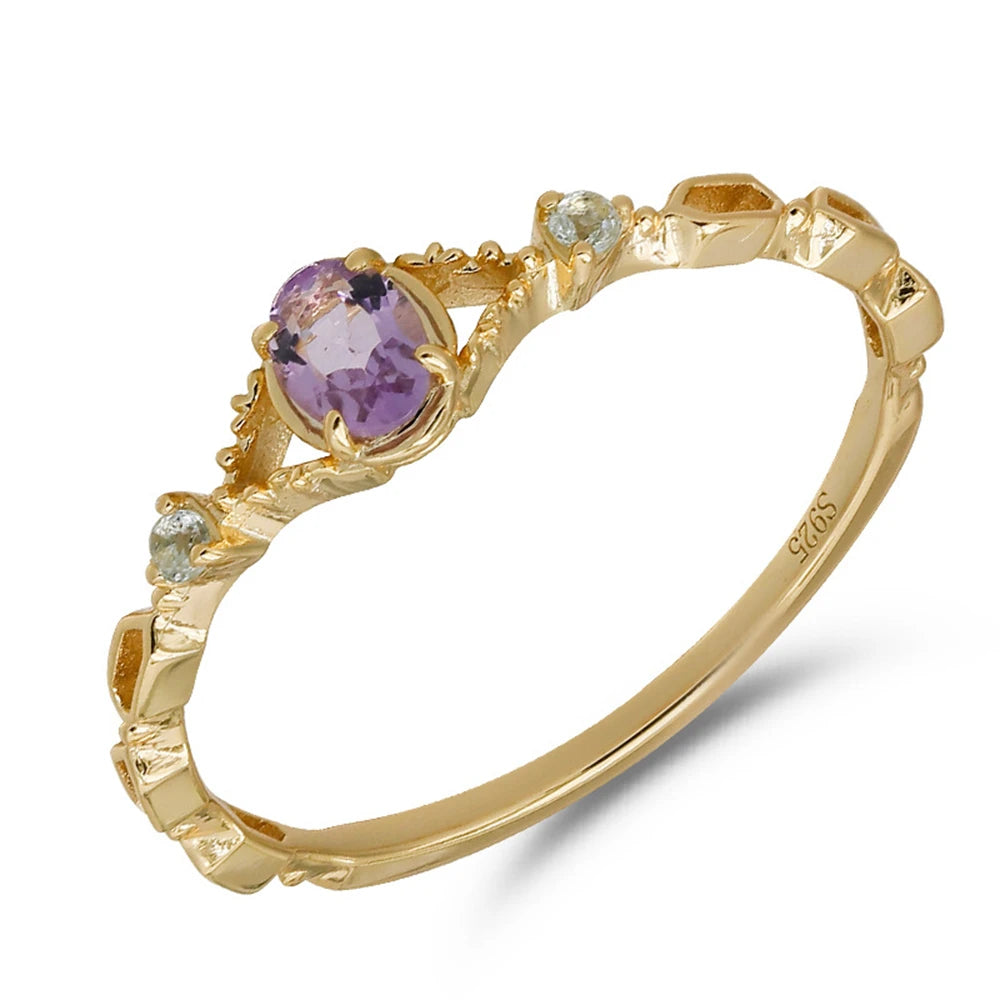 Emotional Bague Mariage  925 Sterling Silver 14K Gold Plated Gemstone Gentle Sweet  Natural Stone Pinstripe Amethyst Topaz Ring