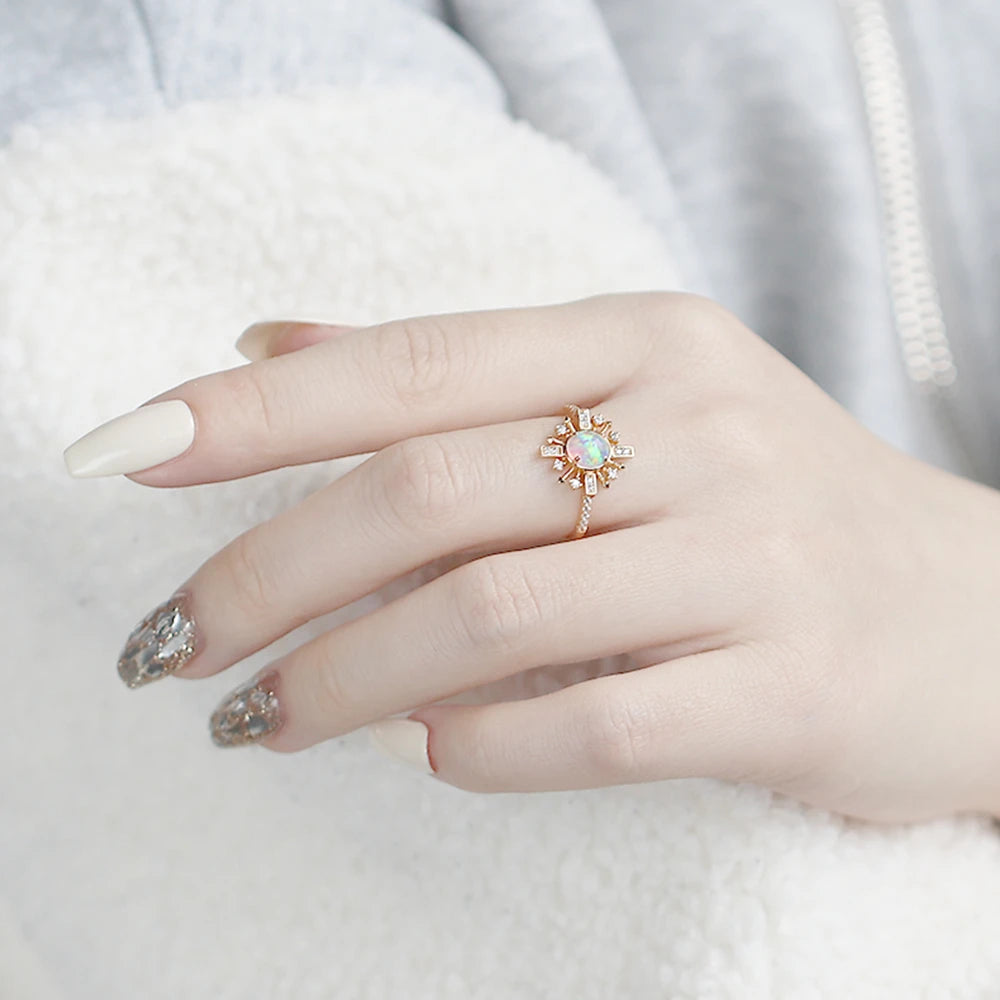 Emotional Factory 925 Sterling Silver 14K Gold Plated Gemstone Series Opal Sun Flower Shining Ring