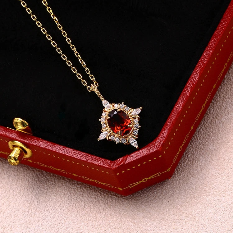 Emotional 925 Sterling Silver 14K Gold Plated Custom Gemstone Cz Zircon Cross Star Flower Red Garnet Necklace With Natural Stone