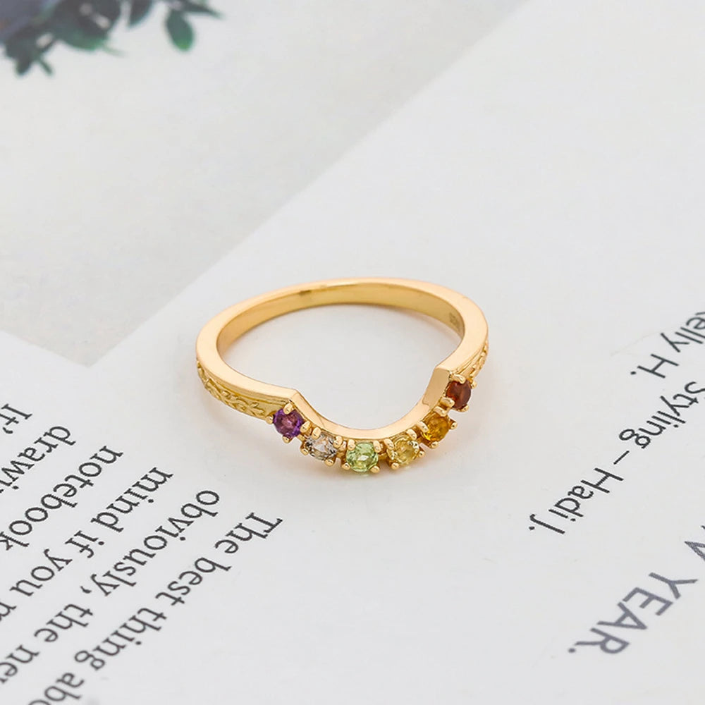 925 Sterling Silver 14K Gold Plated Gemstone Rainbow Bridge Colour Rhodolite Garnet Citrine Peridot Sky Blue Topaz Amethyst Ring