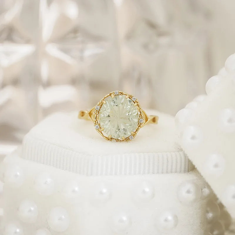 Emotional Factory 925 Sterling Silver 14K Gold Plated Gemstone Niche Design Round Carved Green Amethyst Rings