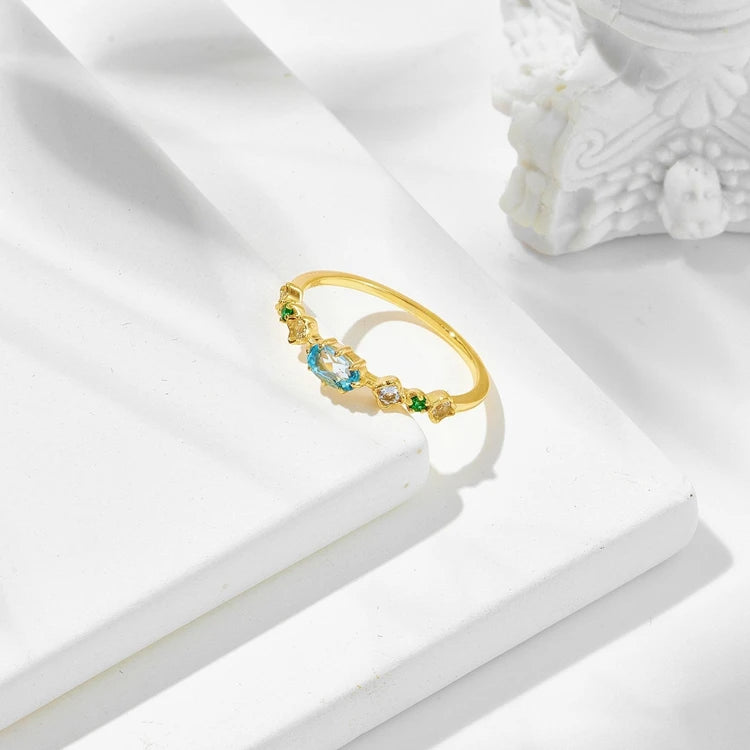 925 Sterling Silver 14K Gold Plated Gemstone Series Green Nanostone Fine Natural Topaz Ring