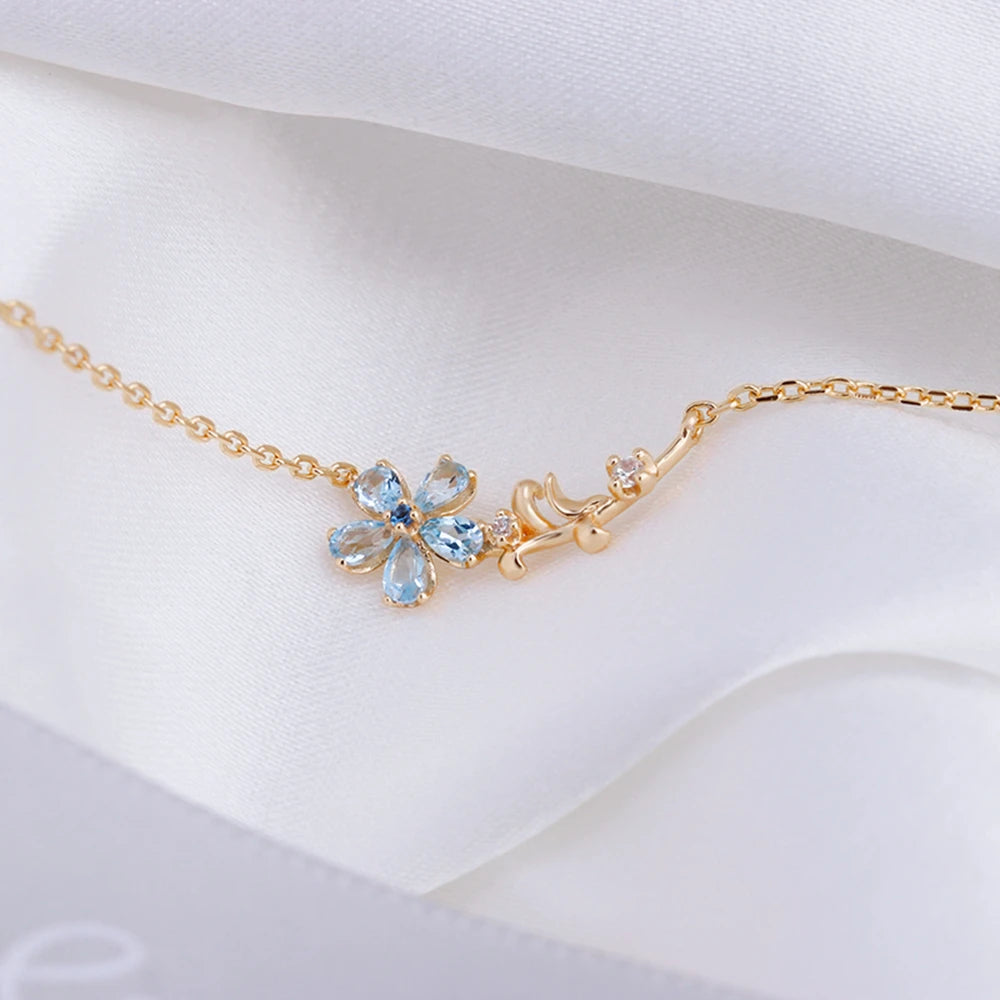 Emotional Factory 925 Sterling Silver 14K Gold Plated Gemstone Series Blue Topaz Flowers Clavicle Chain Necklace
