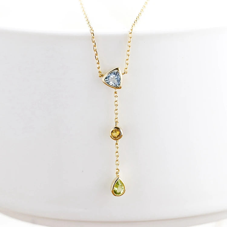 925 Sterling Silver 14K Gold Plated Gem Stone Gemstone Geometric Triangular Round Drops Sky Blue Topaz  Citrine Peridot Necklace