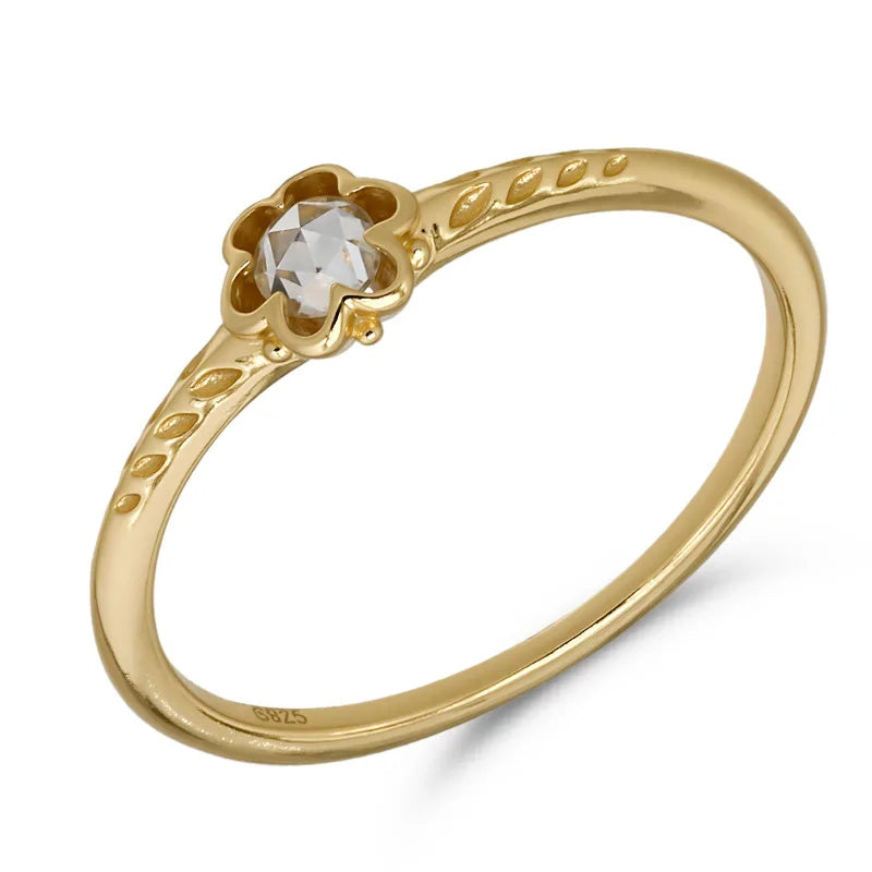 Emotional Factory 925 Sterling Silver 14K Gold Plated Gemstone Rose Inlaid Moissanite Exquisite Sweet Thin Ring