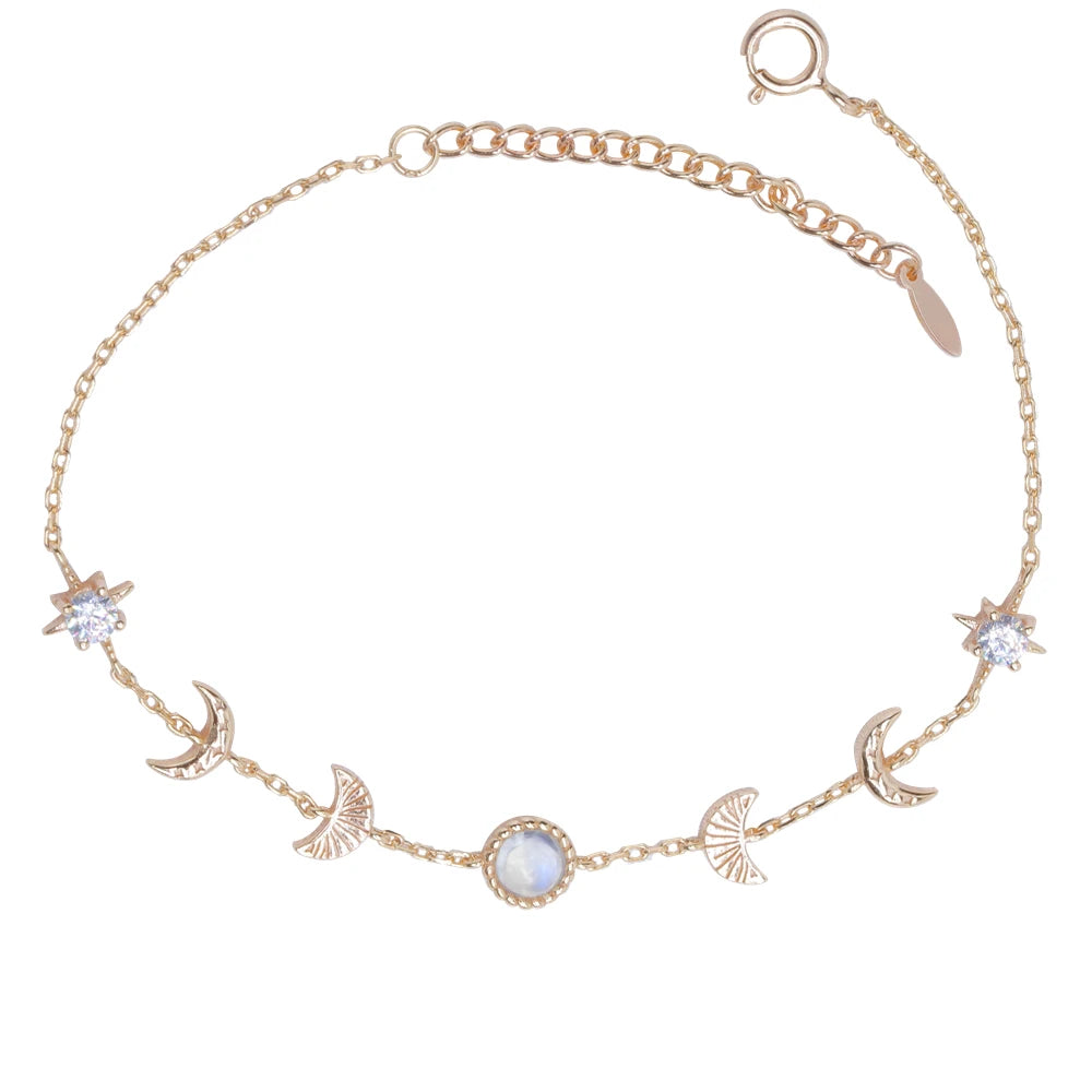 Emotional Pulsera De Cuarzo 925 Sterling Silver Gold Plated Gemstone Series Hammered Moonstone Zircon Round Moon Star Bracelet