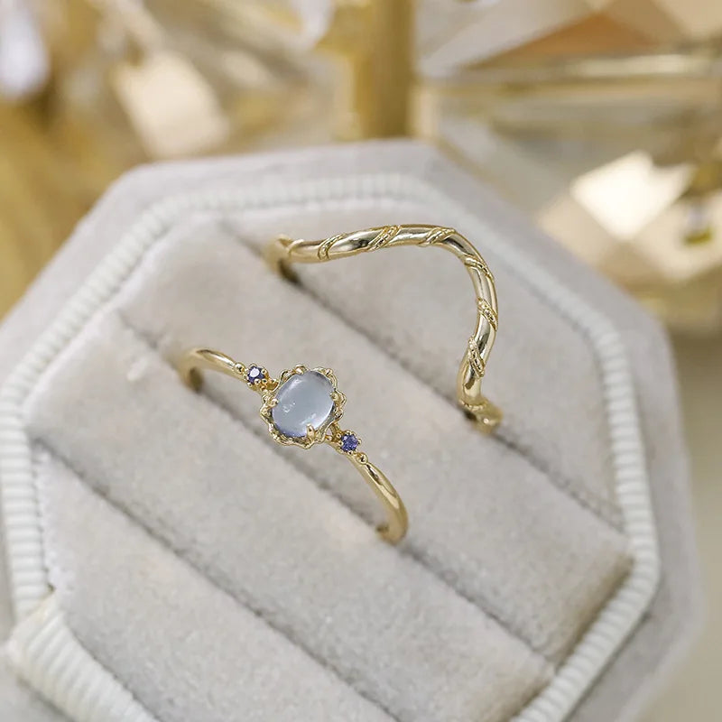 Emotional Factory 925 Sterling Silver 14K Gold Plated Gemstone Geometric Tanzanite Natural Aquamarine Ring Set