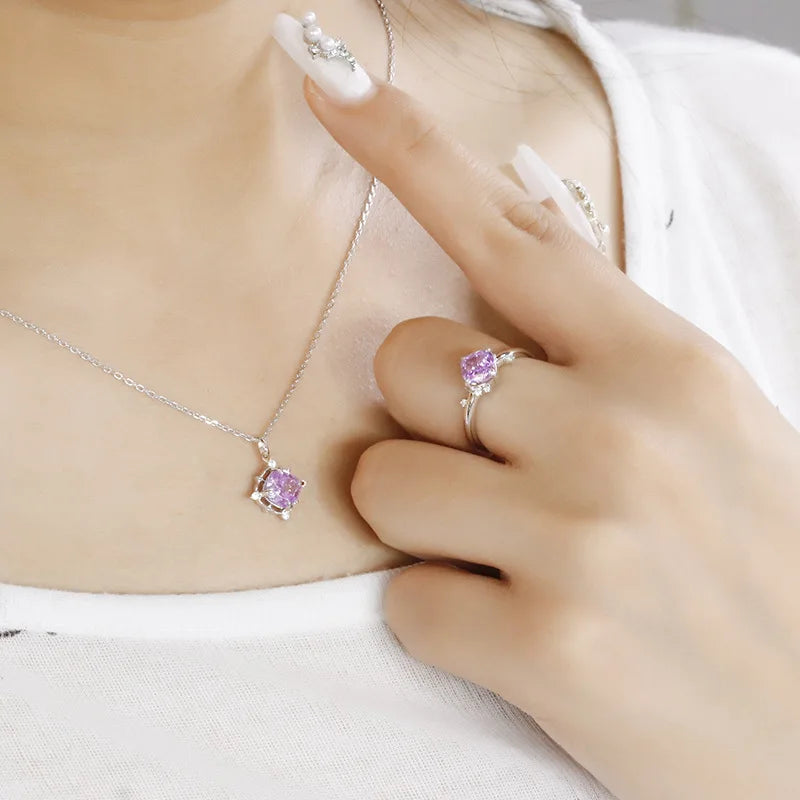 Emotional Factory 925 Sterling Silver 14K Gold Plated Gemstone Geometric Square Lavender Color Ice White Zirconia Necklace