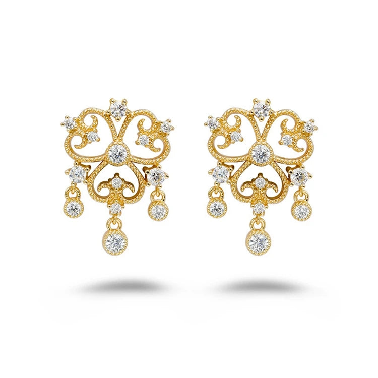Emotional Factory 925 Sterling Silver 14K Gold Plated Gem Stone Gemstone Cz Zircon Lace Hollow Vintage Earrings