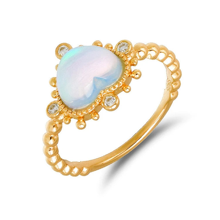 Emotional Factory 925 Sterling Silver 14K Gold Plated Gem Stone Gemstone Sweet Princess Heart Opal Ring