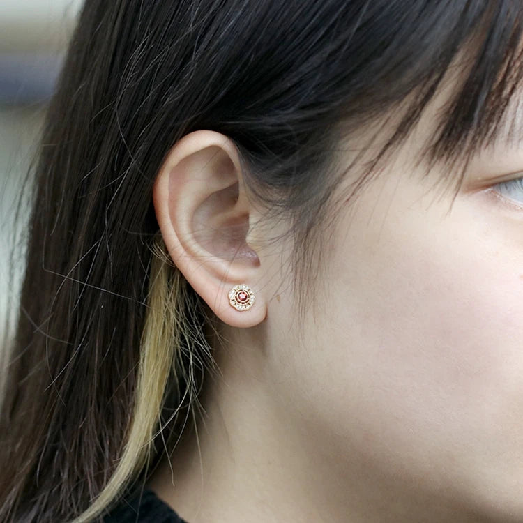 Emotional Factory 925 Sterling Silver 14K Gold Plated Gemstone Full Zircon Garnet Flower Round Stud Earrings