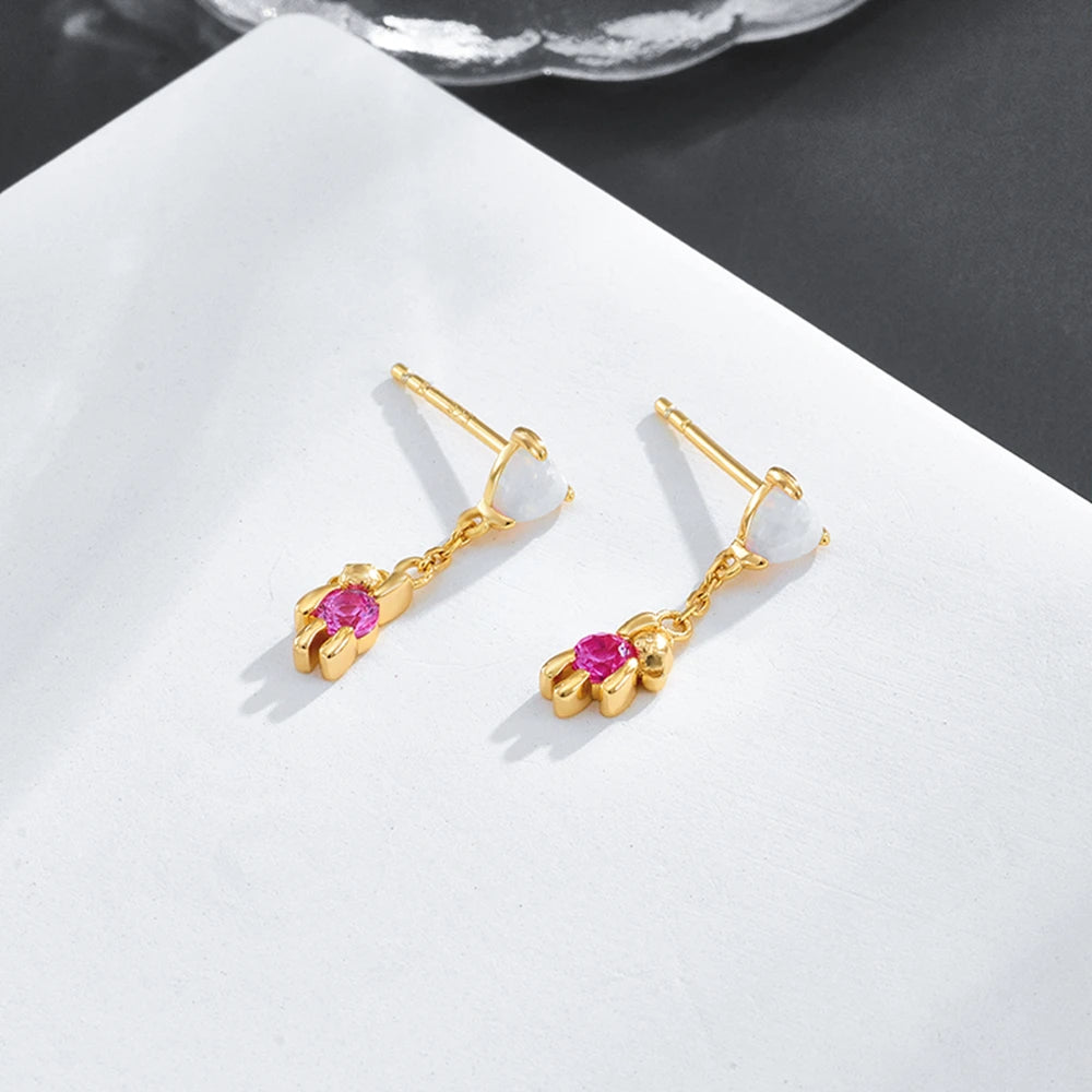 Emotional Factory Jewelry 925 Sterling Silver 14k Gold Plated Gemstone Series Chain Opal Red Corundum Bear Small Earrings