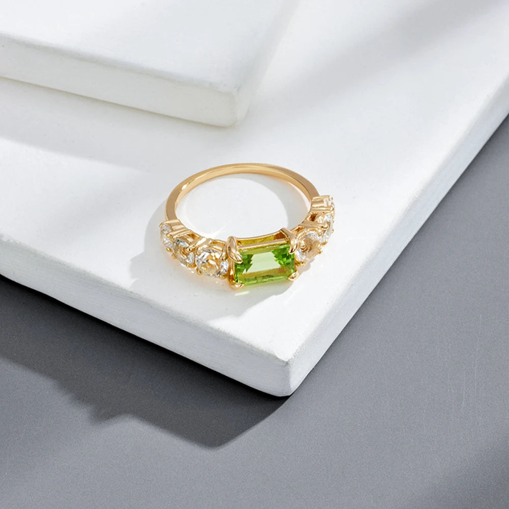 925 Sterling Silver 14K Gold Plated Rectangle Rectangular Green Peridot Ring Topaz Rings