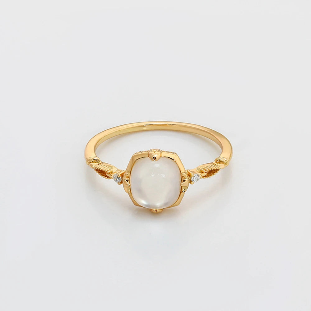 Emotional Factory 925 Sterling Silver 14K Gold Plated Gem Stone Gemstone Elegant Geometric Square Rock Crystal Seashell Ring