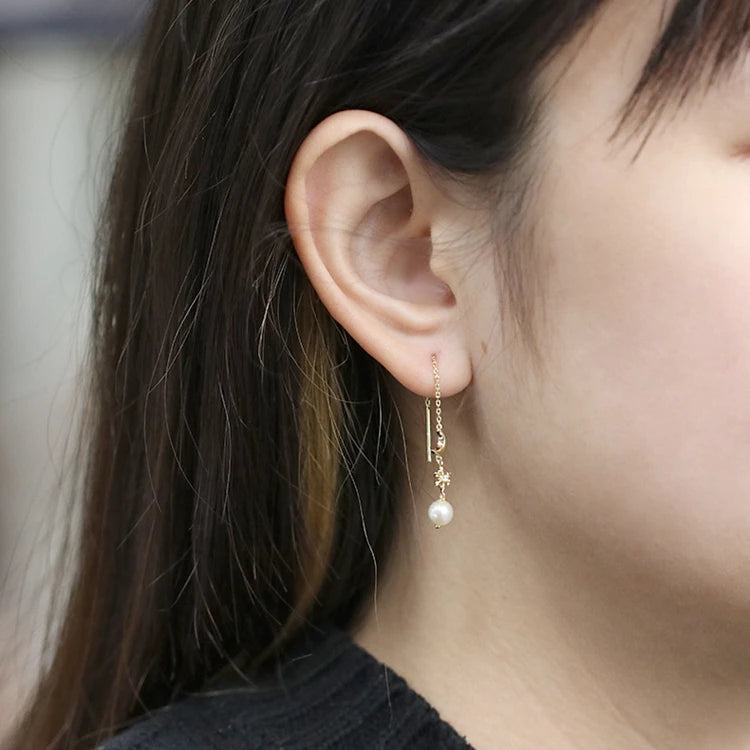 Emotional Factory 925 Sterling Silver 14K Gold Plated Gemstone Pearl Moon Star Long Line Earrings