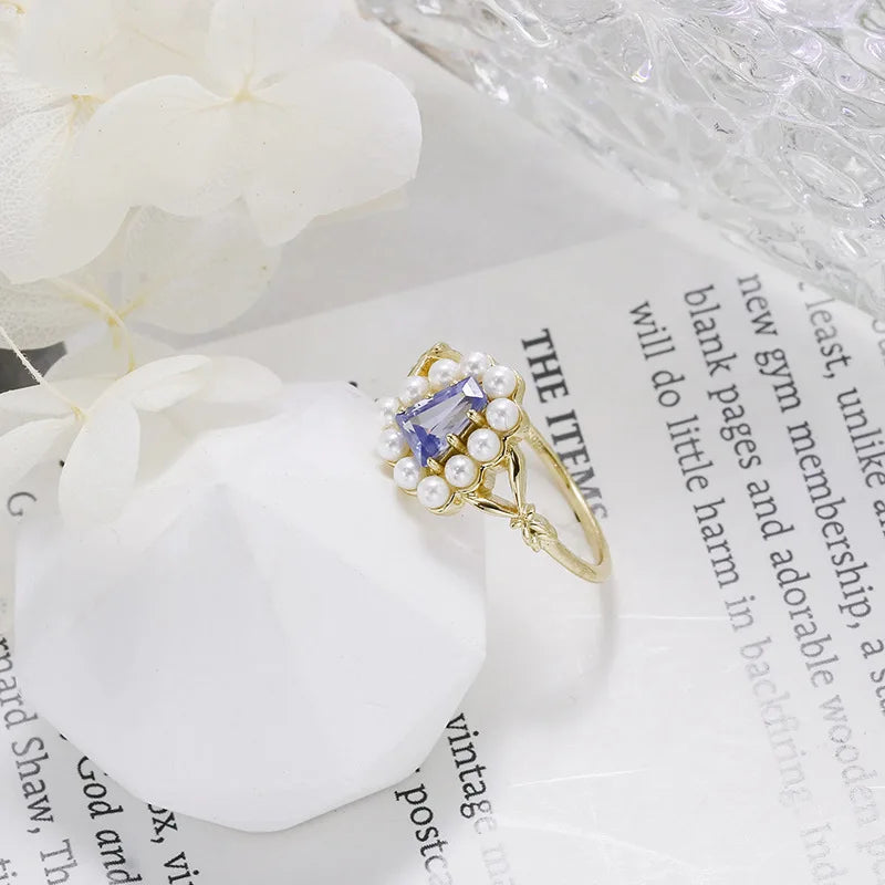 925 Sterling Silver 14K Gold Plated Gemstone Geometric Trapezoid Tanzanite Zirconia Cz Zircon Shell Bead Pearl Ring