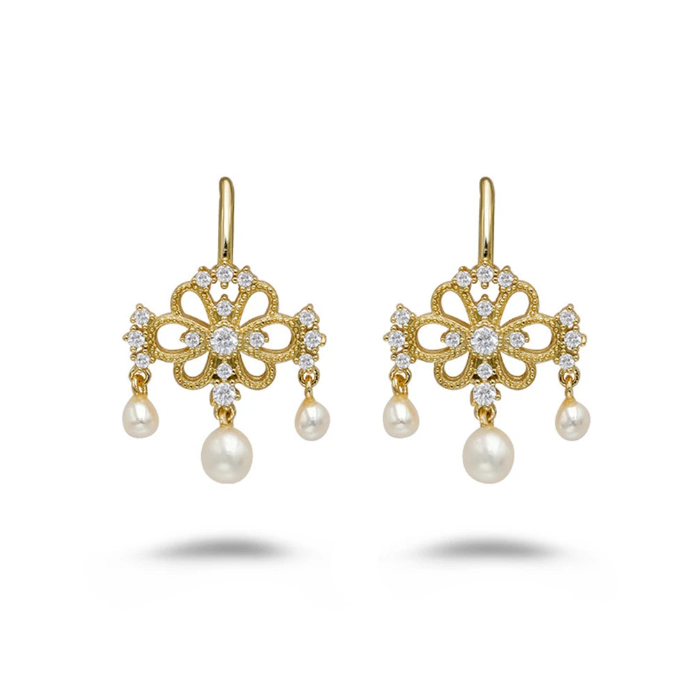 Emotional Factory 925 Sterling Silver 14K Gold Plated Gem Stone Gemstone Retro  Cz Zircon Ring Lucky Flower Pearl Earrings