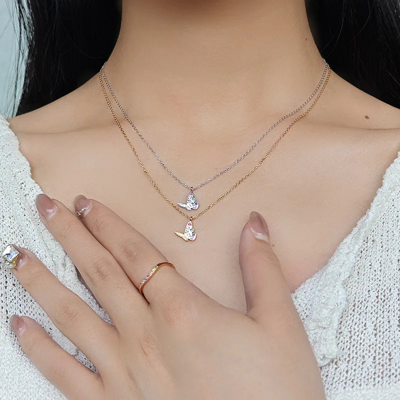 Emotional Factory 925 Sterling Silver 14K Gold Plated Gemstone Cz Rainbow Colorful Zircon Butterfly Necklace