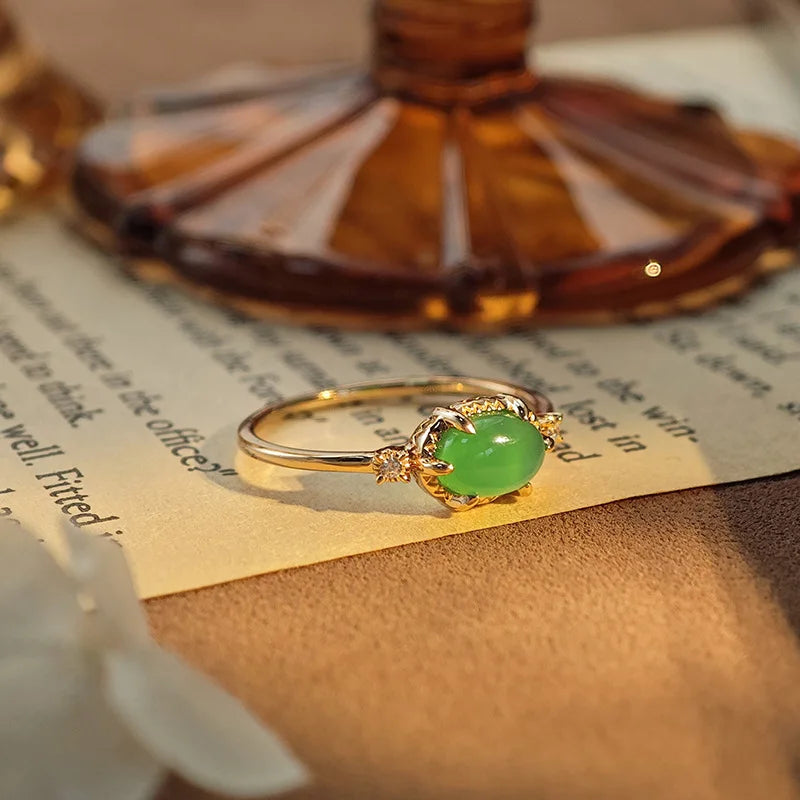 Emotional Factory 925 Sterling Silver 14K Gold Plated Gemstone Retro Cz Zircon Sample Chrysoprase Ring