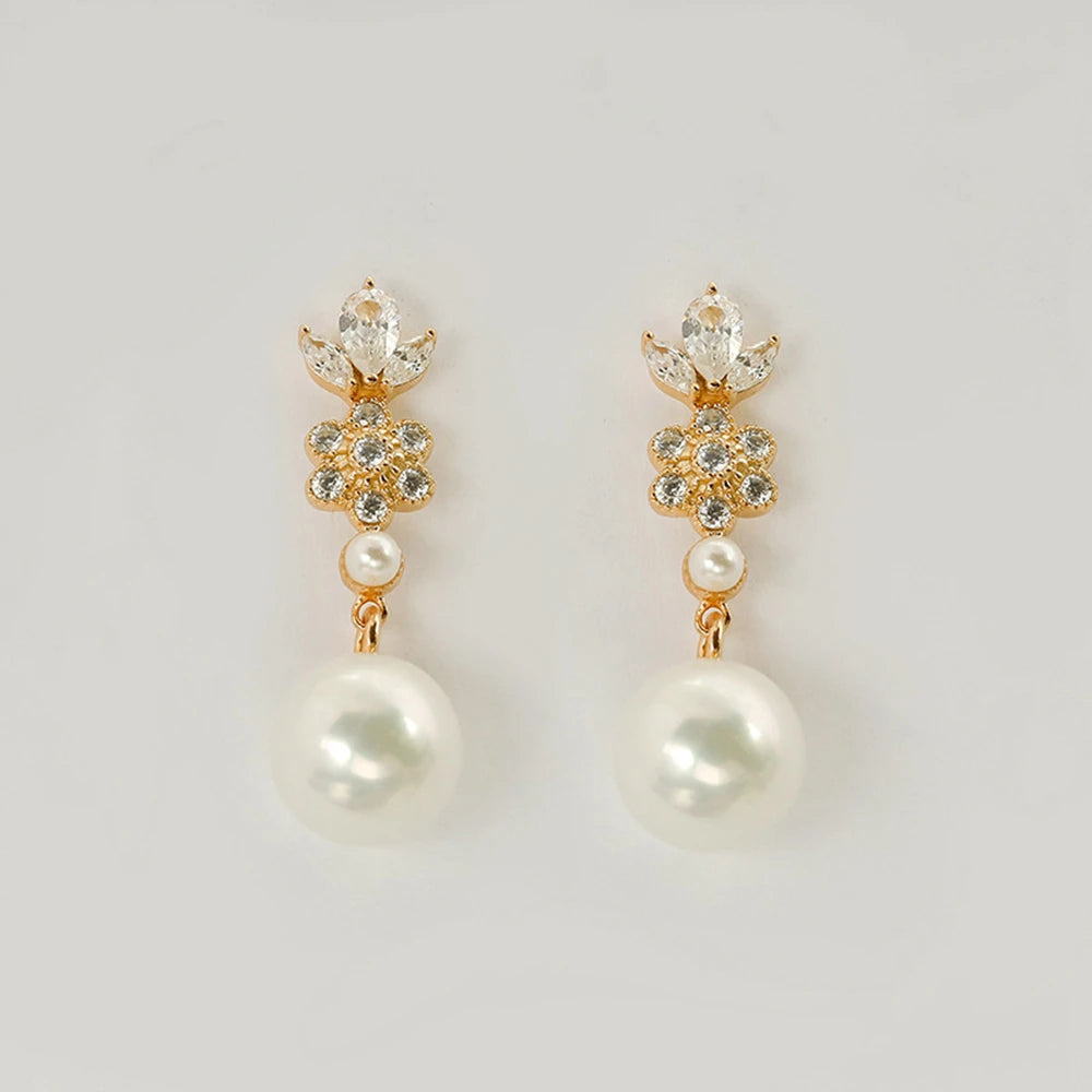 Emotional Factory 925 Sterling Silver 14K Gold Plated Gem Stone Gemstone Cz Zircon Flower Pearl Earrings