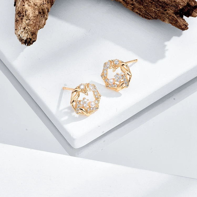 Emotional Factory 925 Sterling Silver 14K Gold Plated Round Hollow Butterfly Pearl Earrings