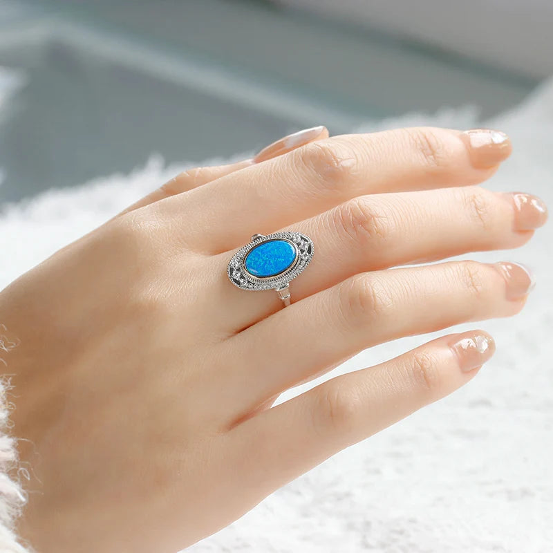 Vintage French Inspired British Style S925 Sterling Silver Ring With Artificial Opal Fine Jewelry
