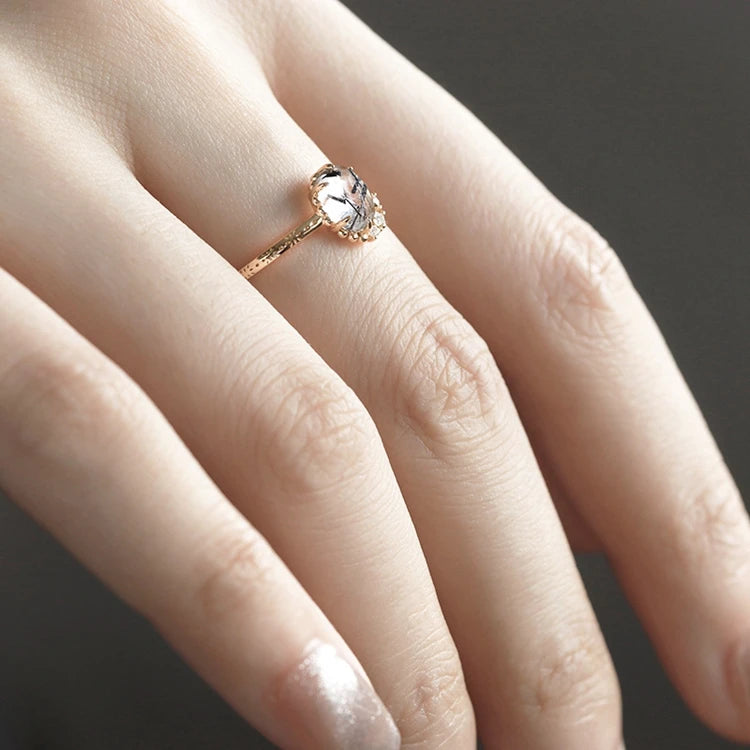 Emotional Factory 925 Sterling Silver 14K Gold Plated Gemstones Landscape Zircon Natural Black Hair Crystal Ring