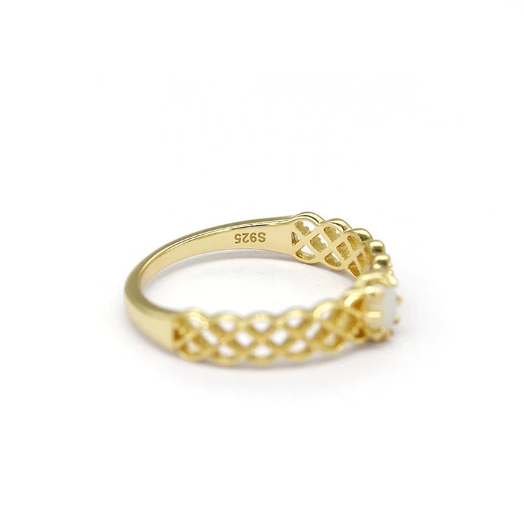 Emotional Les Bagues De Femme Joyeria Hiphop Factory 925 Sterling Silver 14K Gold Plated Gemstone Opal Hollow Lace Edge Ring