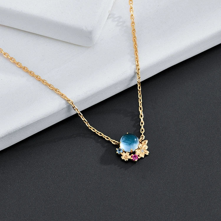 Emotional Factory 925 Sterling Silver 14K Gold Plated Gemstone Blue Spinel Red Corundum Flower Topaz Necklace