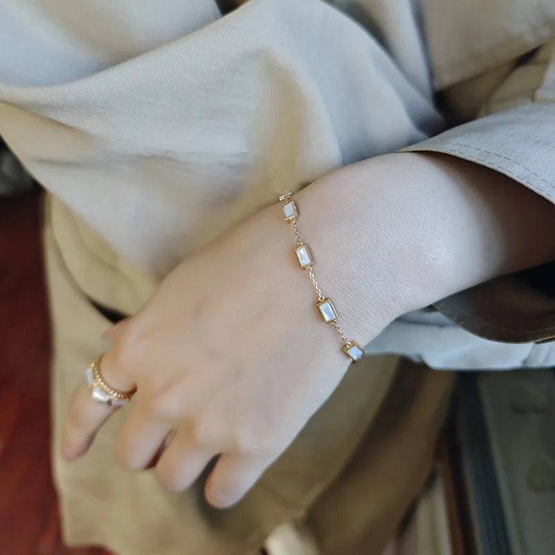 Pulsera De Piedras Preciosas 925 Sterling Silver 14K Gold Plated Gemstone Sample Rectangular Geometry White Shell Bracelet
