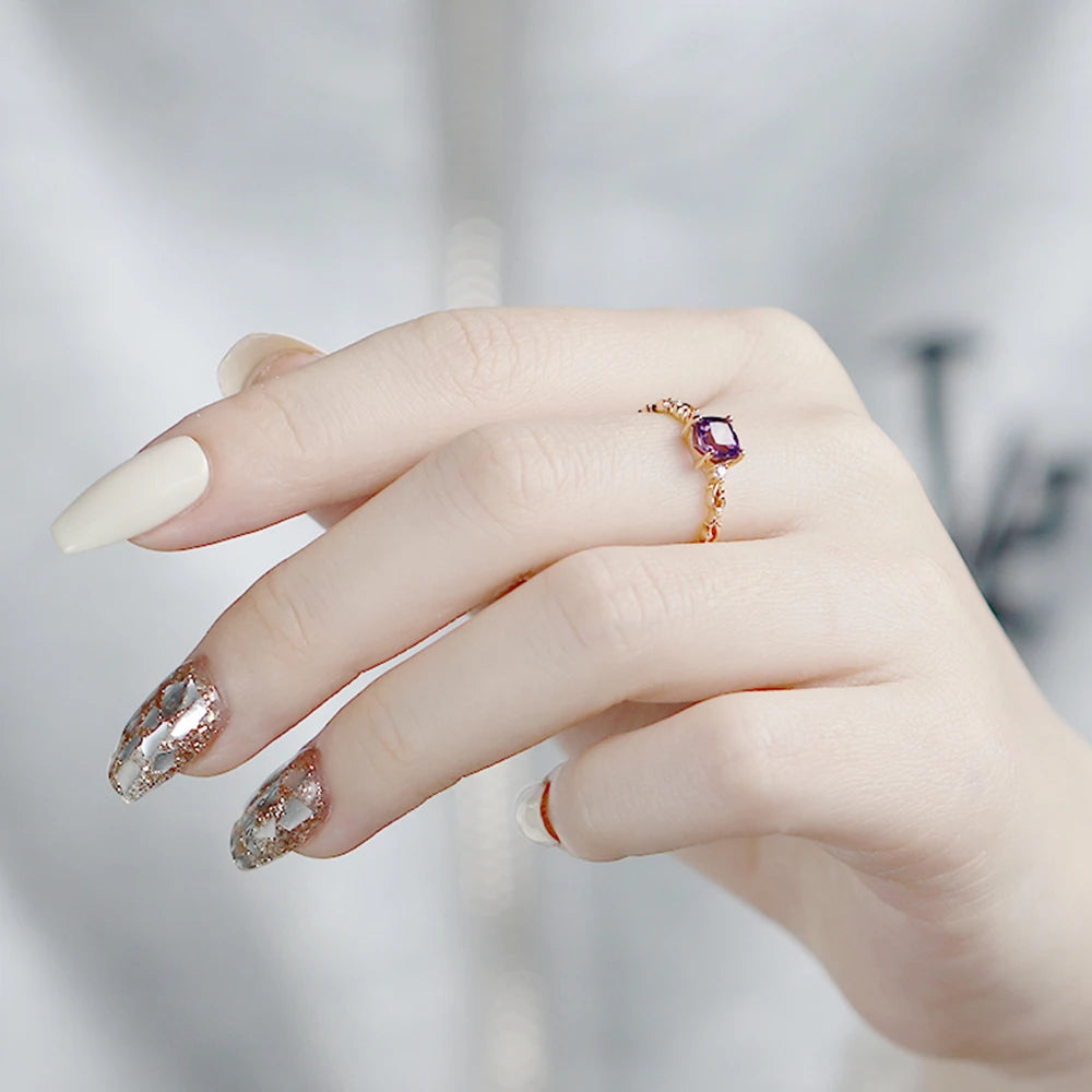 Factory 925 Sterling Silver 14K Gold Plated Gemstone Series 5Mm Square Stone Amethyst Court Flower Wispy White Zircon Ring