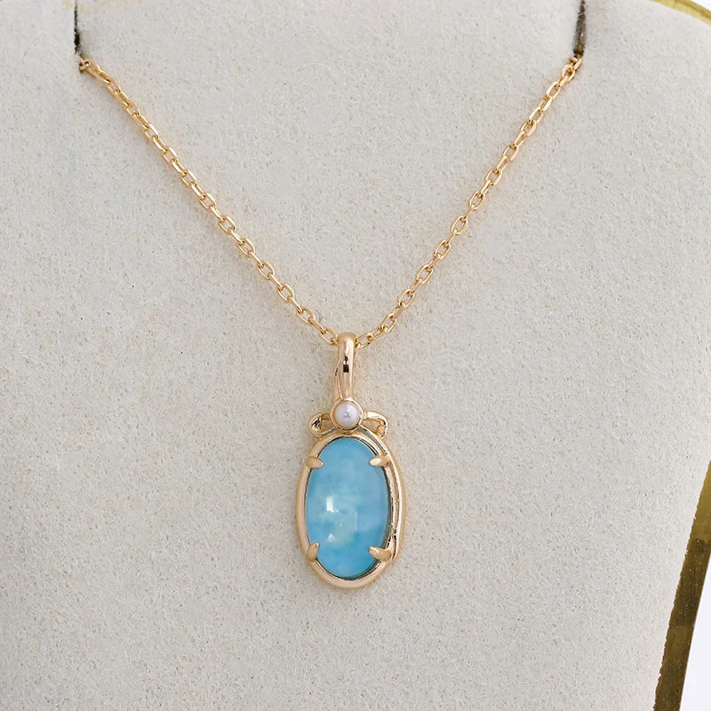 S925 Sterling Silver 14K Gold Plated  Necklace with Sea Grain Stone White Crystal Fine Jewelry