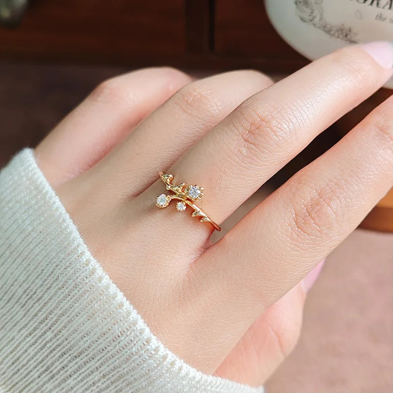 Emotional Factory 925 Sterling Silver 14K Gold Plated Gemstone Flower Branch Elegant Floral Moissanite Ring