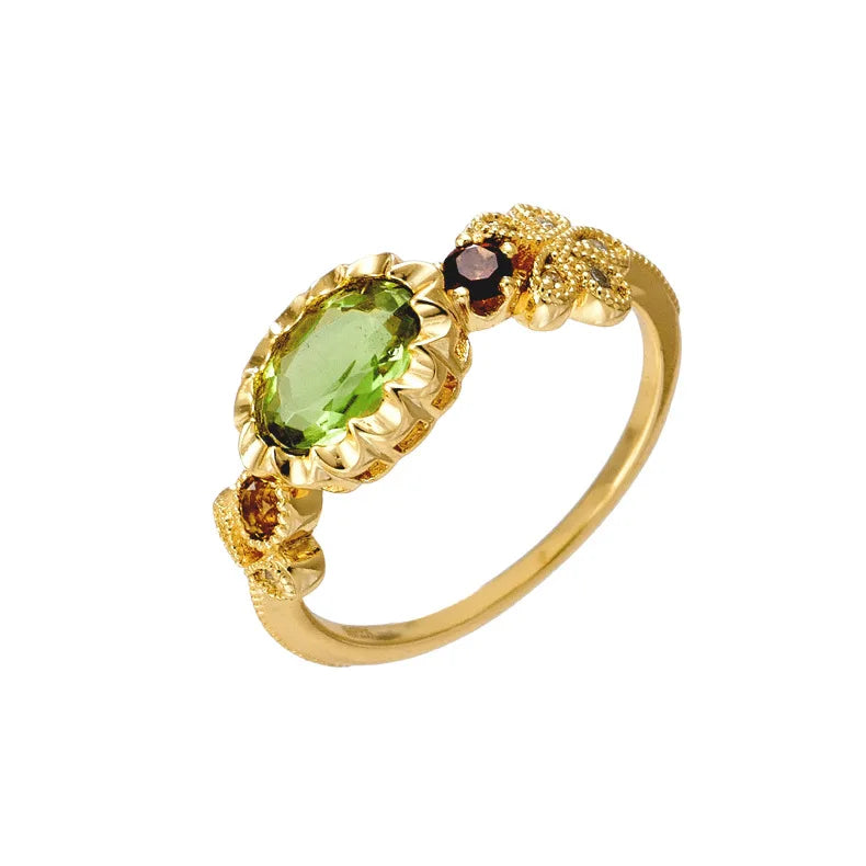 Emotional Factory 925 Sterling Silver 14K Plated Gemstone Gold Tourmaline Green Peridot Flower Prehnite Ring