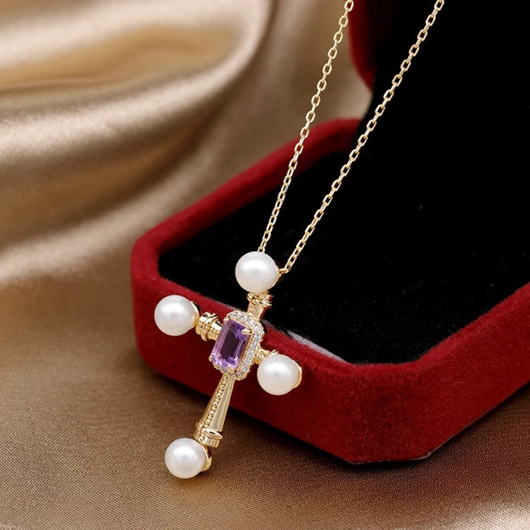 Emotional Factory 925 Sterling Silver 14K Gold Plated Gemstone Amethyst Natural Freshwater Pearls Cross Necklace