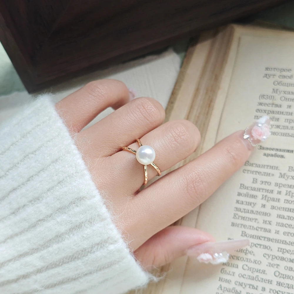 Emotional Factory 925 Sterling Silver 14K Gold Plated Gemstone Adjustable Overpass Natural Pearl Ring