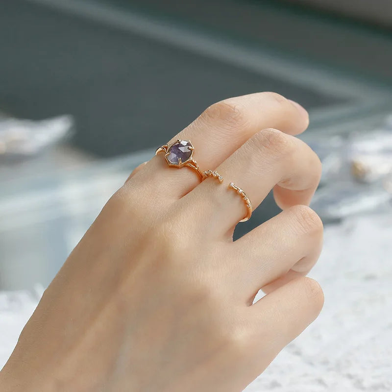 925 Sterling Silver 14K Gold Plated Gem Stone Night Sky Shooting Star Shaped Labradorite Cordierite Iolite Dichroite Ring