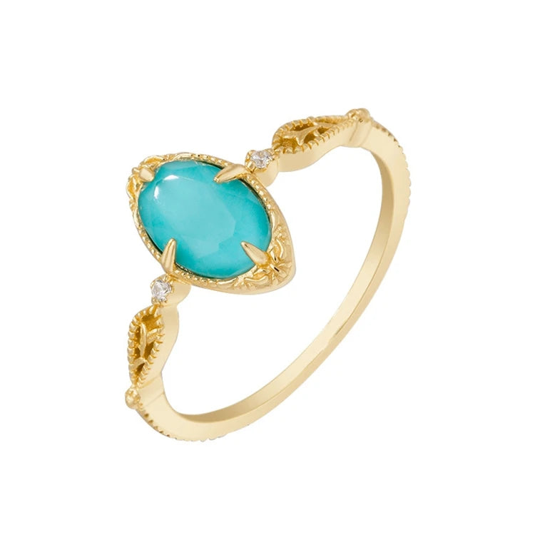 925 Sterling Silver 14K Gold Plated Gemstone Synthetic Turquoise Oval Natural Rock Crystal Ring